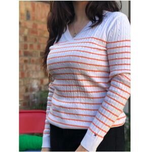 New TOMMY HILFIGER Women's Cream/Orange V Neck Stripe Cable Sweater Size S